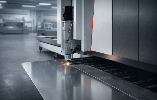 : A contemporary fibre laser cutting machine positioned slightly off-centre, cutting a thin stainless steel sheet with a tight, highly precise cutting point.