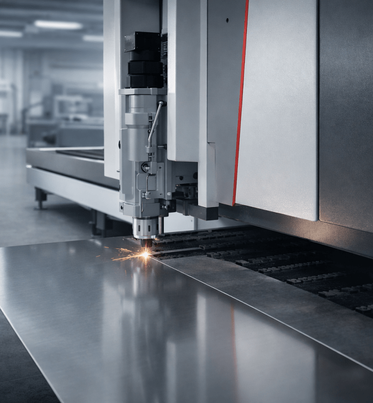 : A contemporary fibre laser cutting machine positioned slightly off-centre, cutting a thin stainless steel sheet with a tight, highly precise cutting point.