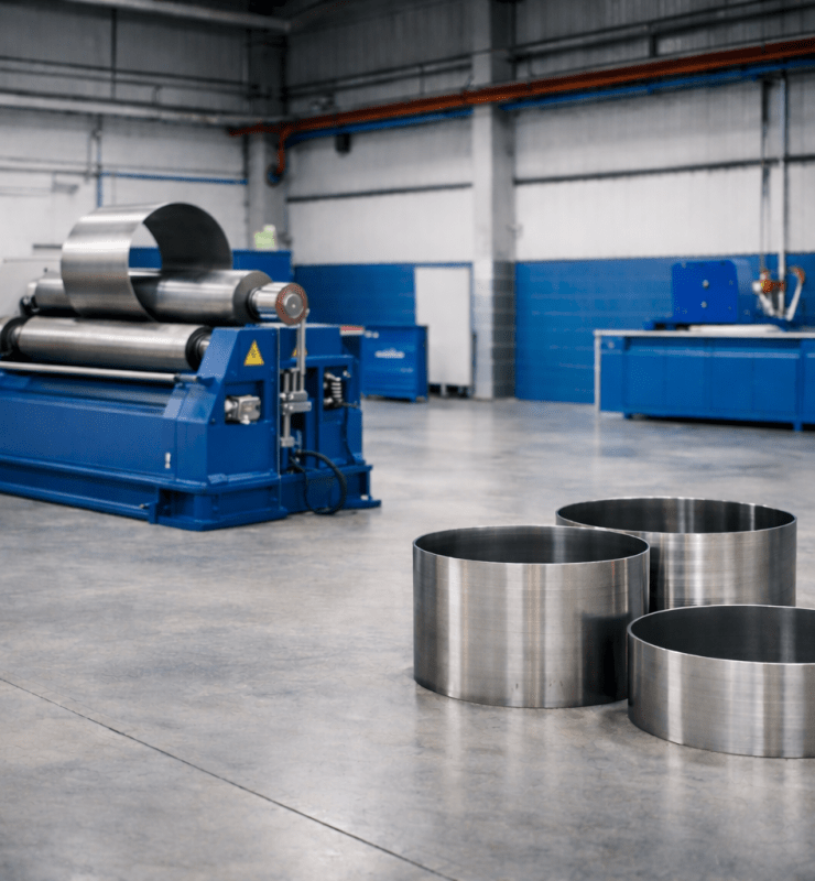 A premium industrial feature image set inside a clean, modern fabrication workshop, showing two large metal-forming machines from a slight angle with partially visible rollers and rolled steel sections nearby to suggest capability and comparison without highlighting exact technical configurations. The scene should communicate precision engineering, reliable machinery and professional workshop standards. Use polished metal surfaces, neutral industrial tones and subtle blue and red accents inspired by AFM Europe branding. Style should feel like high-end B2B machinery marketing photography, realistic, sharp and spacious, with uncluttered composition.